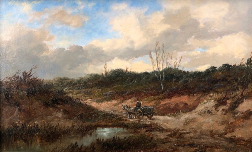 RH Nibbs Signed Original 19th Century Antique Oil Painting on Wood Panel Bucklebury Berkshire, Cart in Heath Landscape