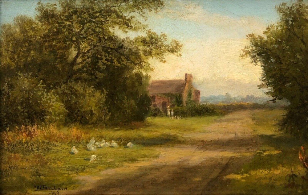 Signed Original 19th Century Antique English Oil Painting on Panel Country Landscape with Figures & Ducks Resting by a Lane