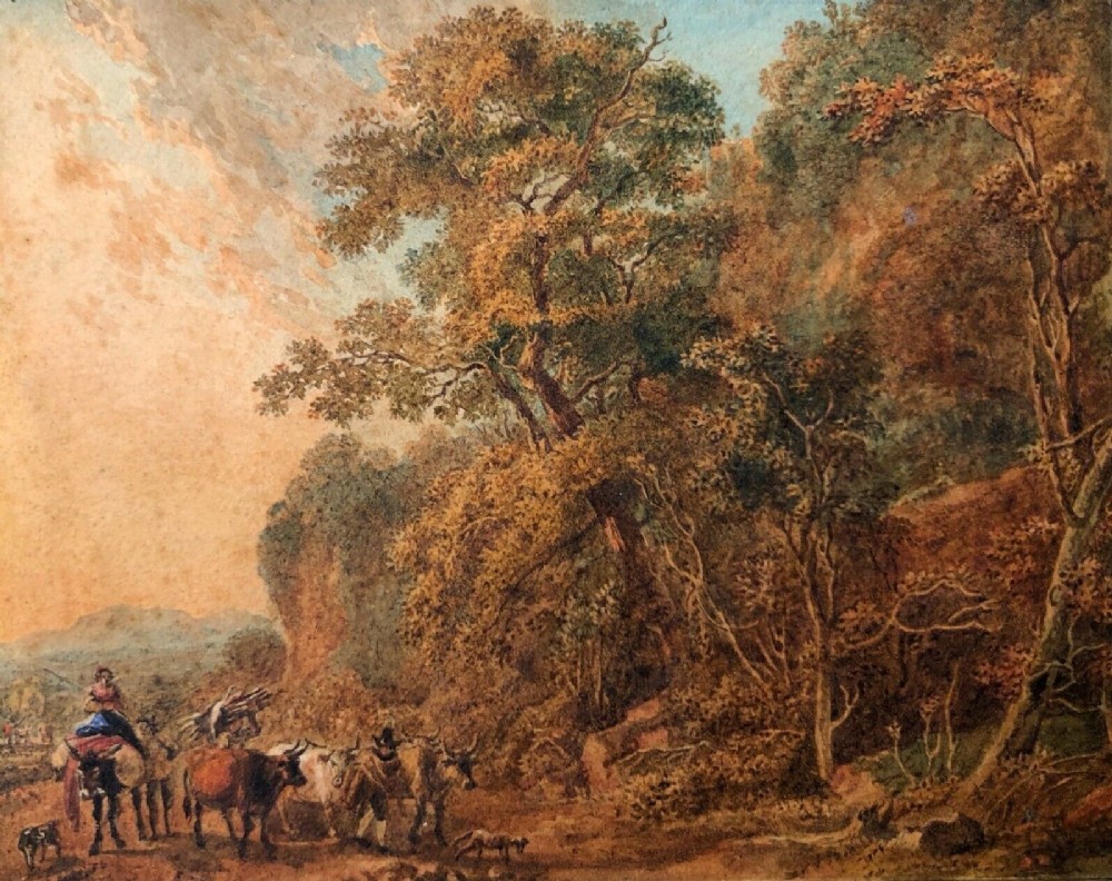 Follower of Nicolaes Berchem Original early 19th Century Miniature Antique Watercolour Painting Wood Landscape with Figures in an Antique Gilt Frame