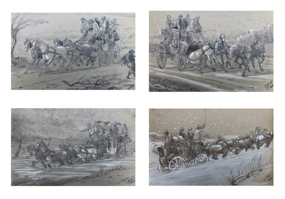 Manner of George Wright 4 Original 19th Century Antique Monogrammed 1883 Painting Pencil Sketch Studies, Coaching Drawback Scenes