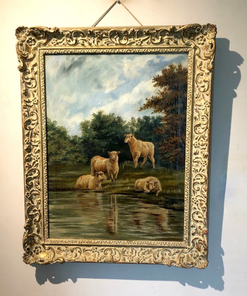 Indistinctly Signed 1906 Original Early 20th Century Antique Oil Painting on Canvas Sheep by a River English Landscape