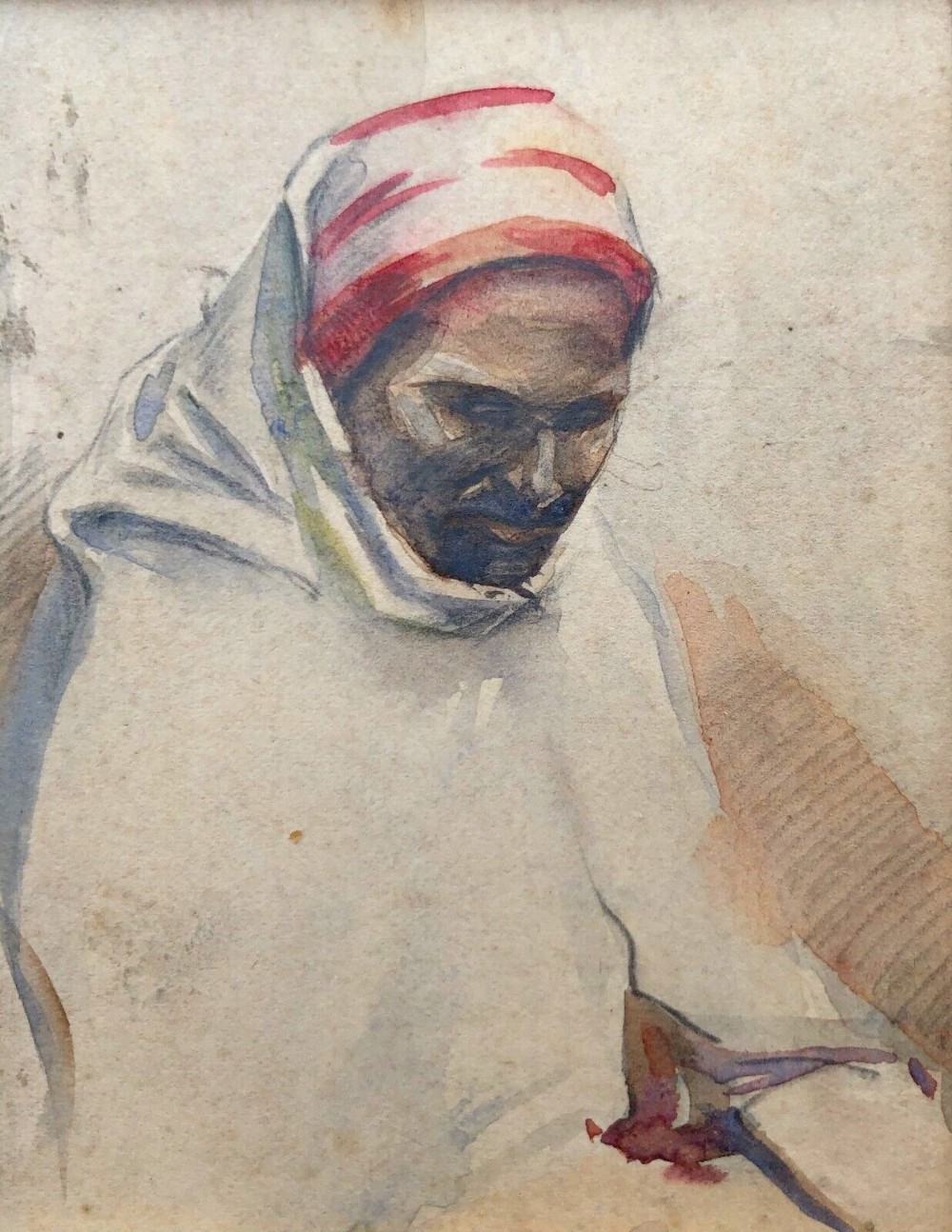 Polish School Original Circa 1920 Antique Watercolour Painting Portrait of Figure in Scarf