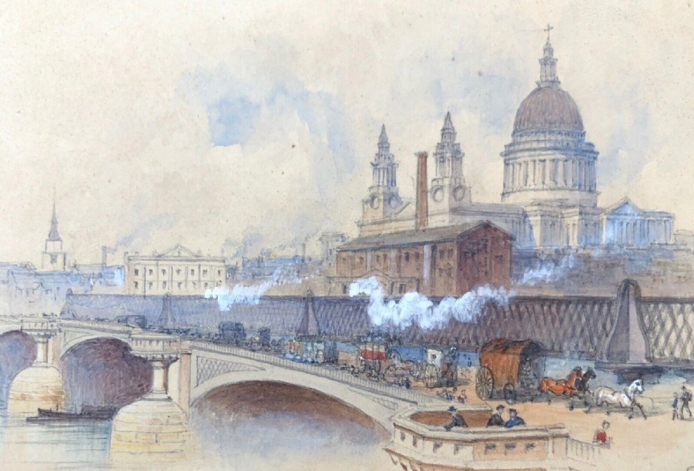 Edwin Dolby Monogrammed Original Antique 1879 Watercolour Painting Blackfriars Bridge London Landscape