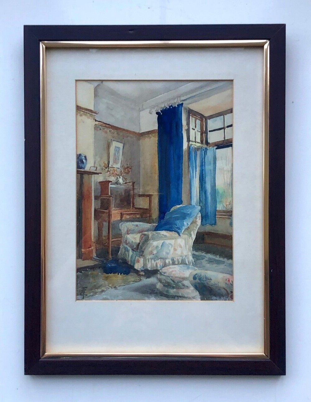 Ernest Forbes Monogrammed Original early 20th Century Antique Watercolour Painting Interior House Home Study Blue Sitting Room