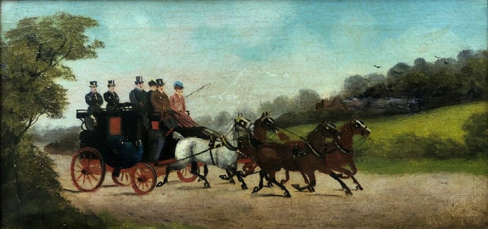 Philip H Rideout 1906 Signed Original Antique Oil Painting on Canvas Coaching Scene, Horses & Figures in an English Landscape