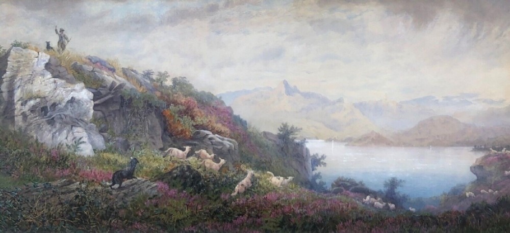 John Carlisle Signed Original 19th Century Antique Watercolour Painting Scottish Highland Mountain Shepherd with Sheep Landscape