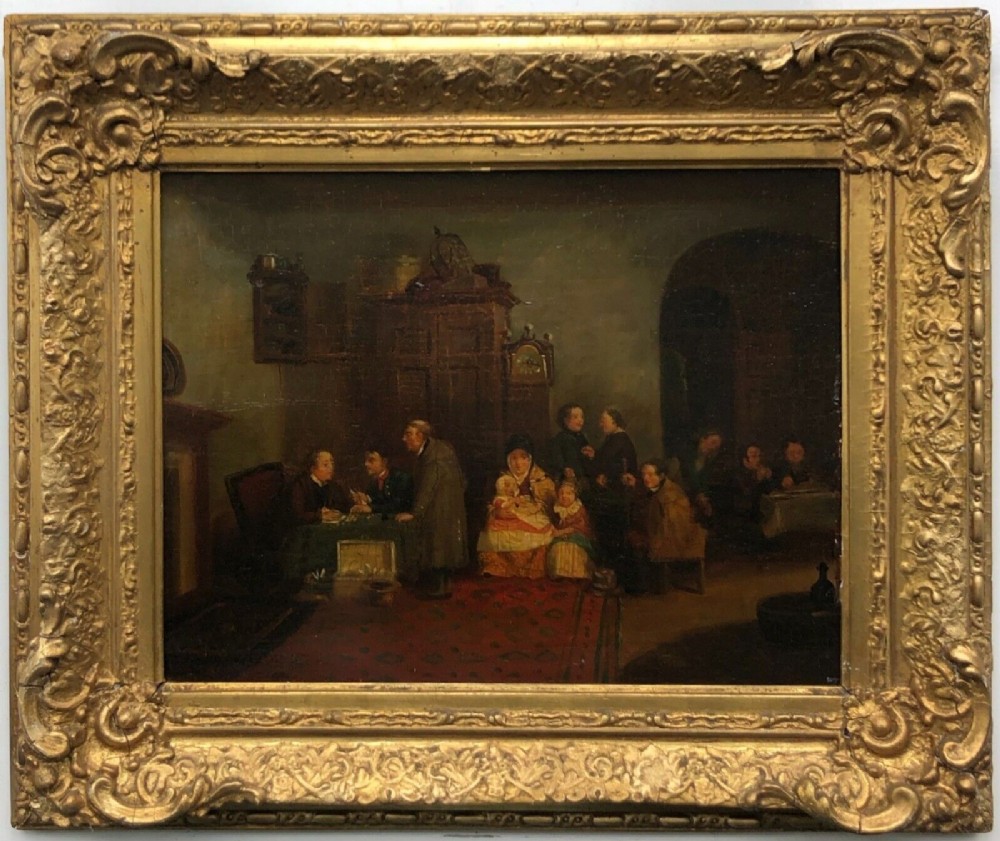 Follower of Sir David Wilkie RA Scottish Interior Original Antique Oil Painting on Wood Panel with Christie's Stencil Verso