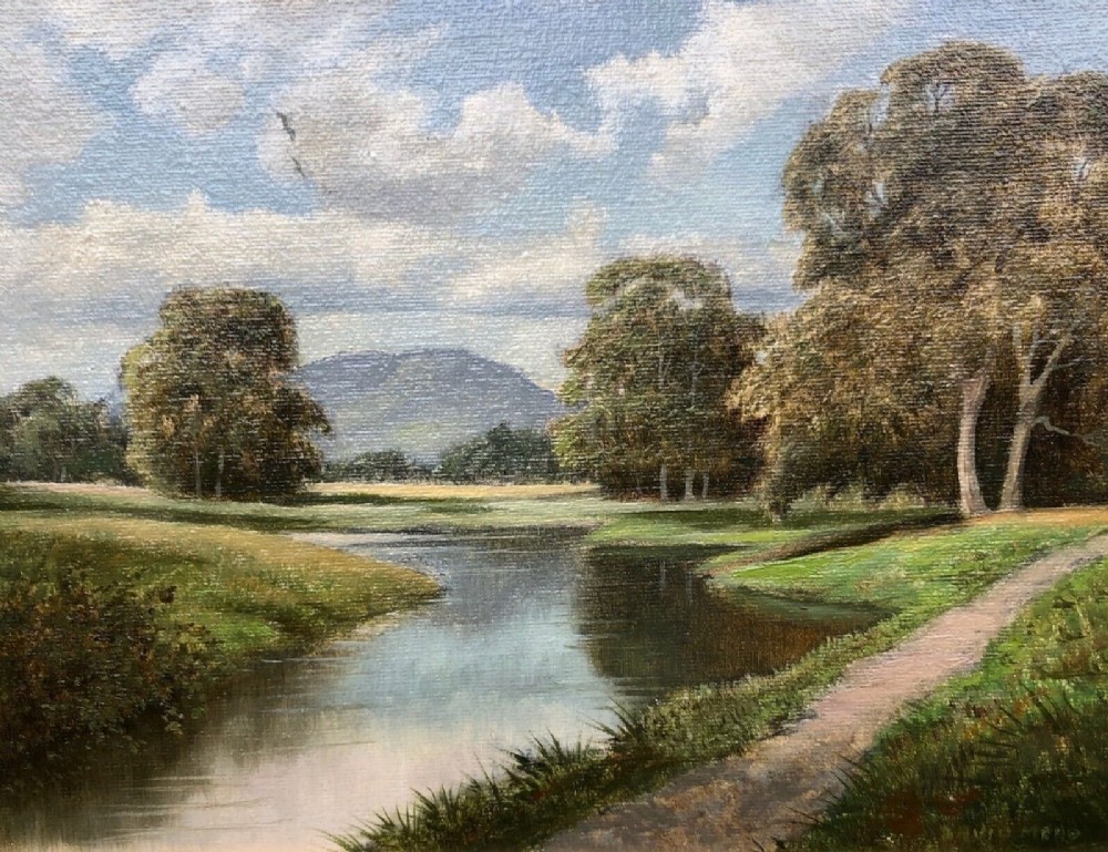Signed David Mead, Original mid 20th Century Oil Painting on Canvas English River Landscape