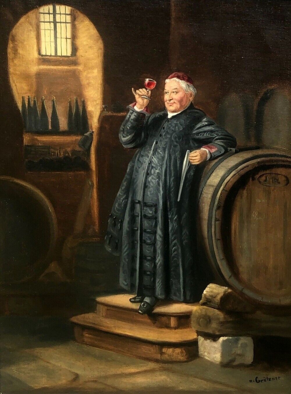 After Eduard von Grützner 'Abbott tasting Wine' Original Early 20th Century Antique Oil Painting