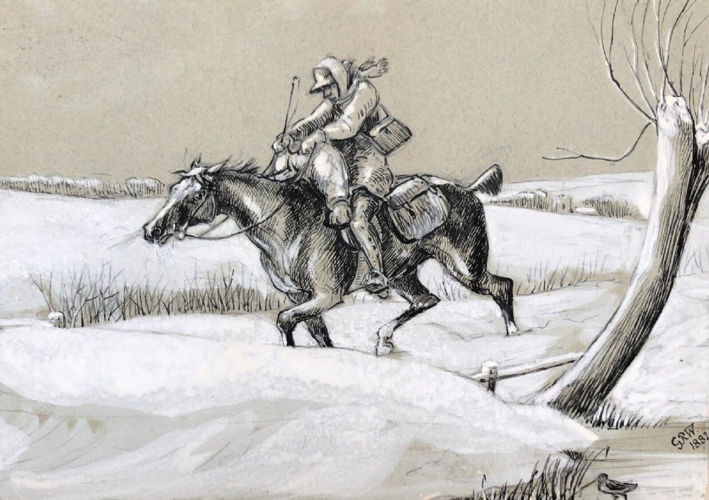 Manner of George Wright Original 1882 Monogrammed GRW Antique Painting Drawing Horse & Rider in Snow