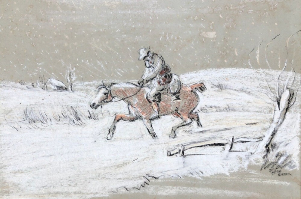 Manner of George Wright Original 19th Century Antique Painting Horse & Rider in Driving Snow