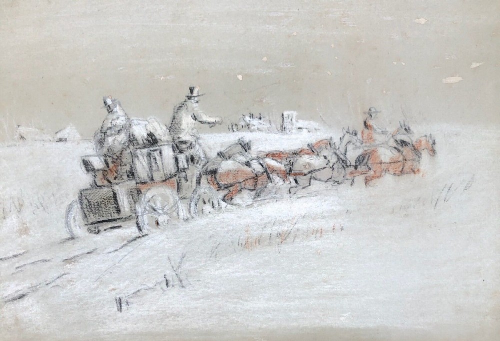 Manner of George Wright Original 19th Century Antique Painting Horses & Coach in Driving Snow