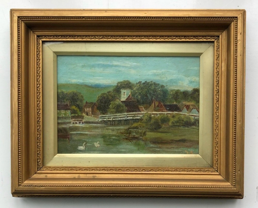 British School Antique Early 20th Century Oil Painting Village Boating with Swans Landscape