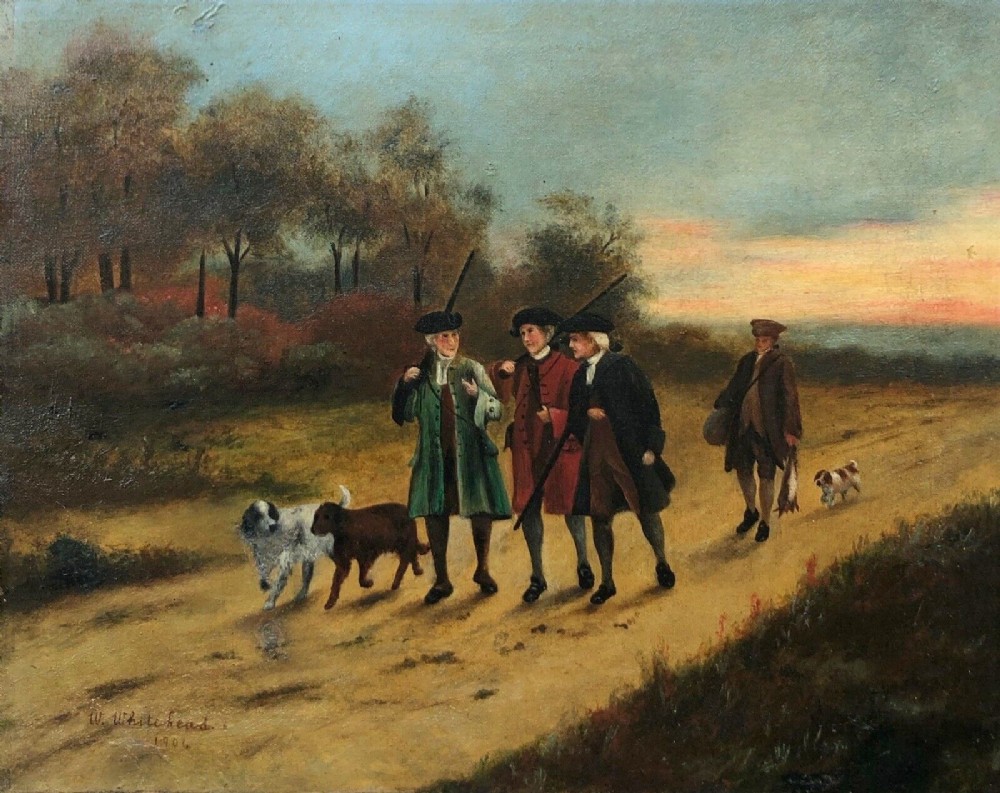 Signed W Whitehead Dated 1904 Original Antique Oil Painting on Canvas Returning Hunters with their Dogs English Landscape