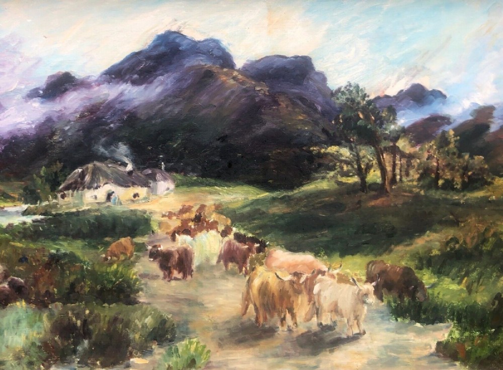 Original mid 20th Century Large Oil Painting on Board Highland Cattle & Croft Scottish Landscape