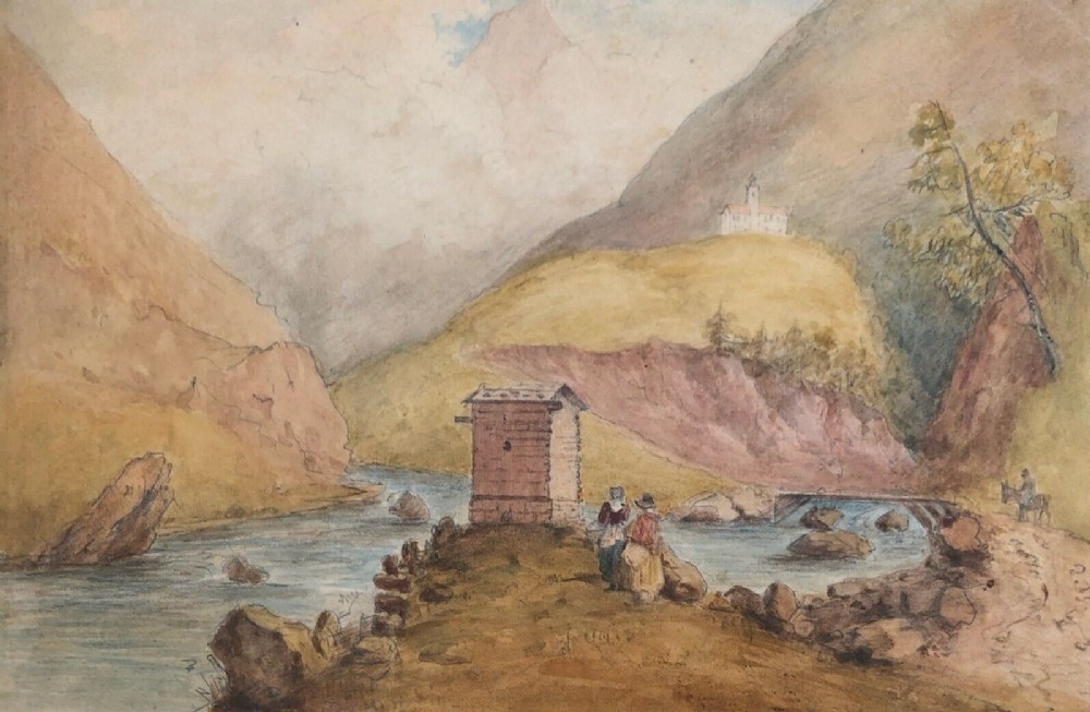 Antique 19th Century Original Watercolour Continental Figures, River & Mountain Landscape 