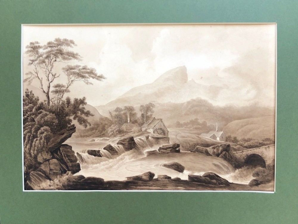 Killin & Loch Tay Scotland Original Antique Grisaille Watercolour Painting Bridge Mountains Scottish Landscape