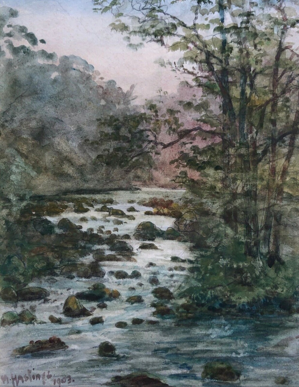 Signed W Hastings 1903 Original Antique Watercolour Painting Waterfall & Woodland English Landscape