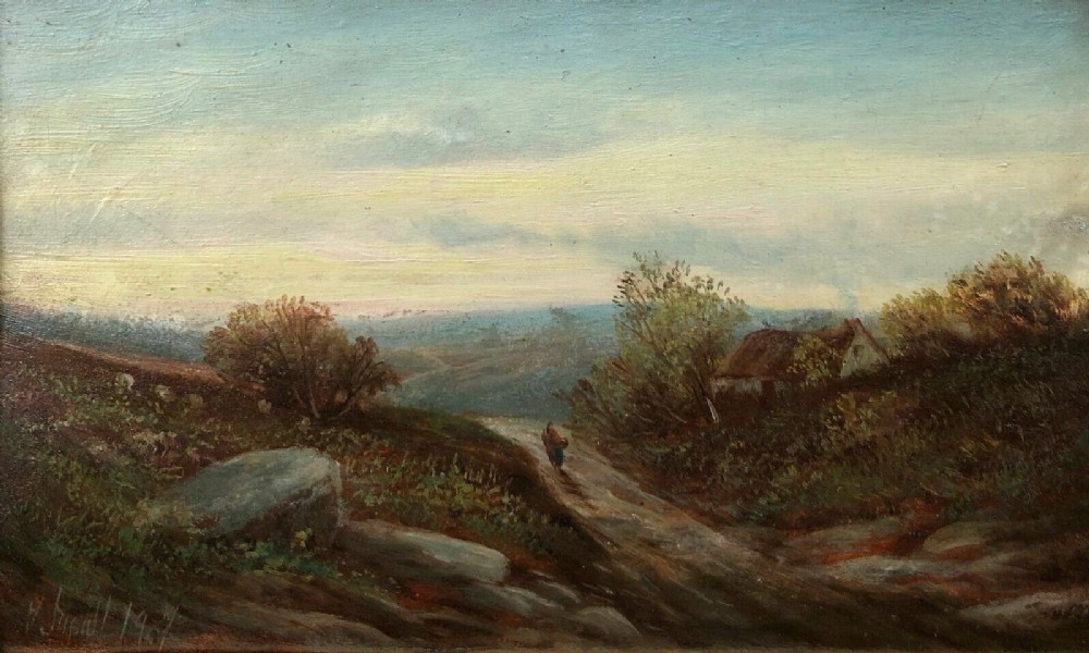 An antique oil painting on board depicting a moorland landscape with a dirt path, rustic cottage, and distant horizon under a soft sky.