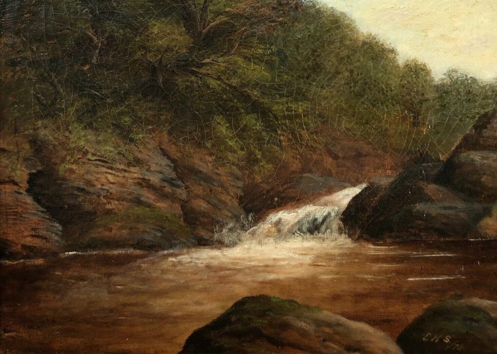 Signed with Initials EHS 1878 Original 19th Century Antique Oil Painting on Canvas River Rapids in a Wooded Landscape