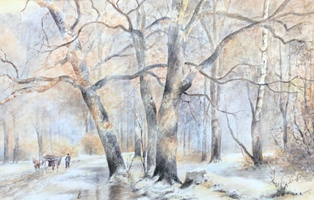 Signed Mahler early 20th Century Original Watercolour Painting Winter Woodland Landscape with Horse & Cart