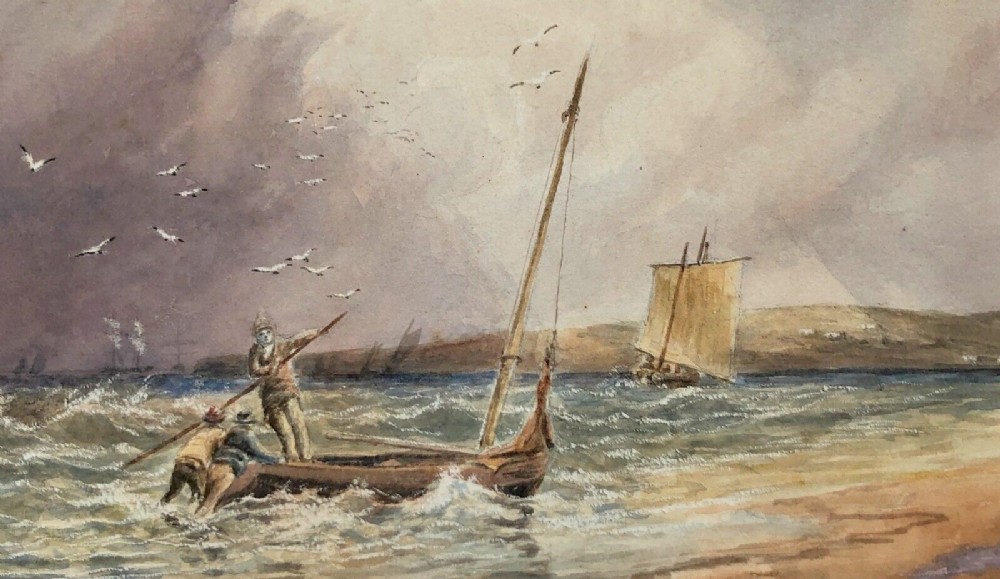 Signed Copley Fielding Original 19th Century Antique Watercolour Painting Seascape Fishing English Landscape