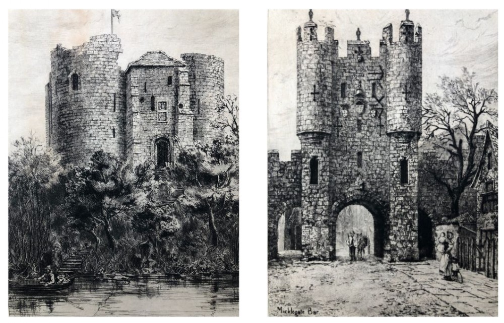 2 RARE Signed Original 19th Century Antique Engravings Micklegate Bar & Clifford's Tower YORK Historical Yorkshire Landscapes