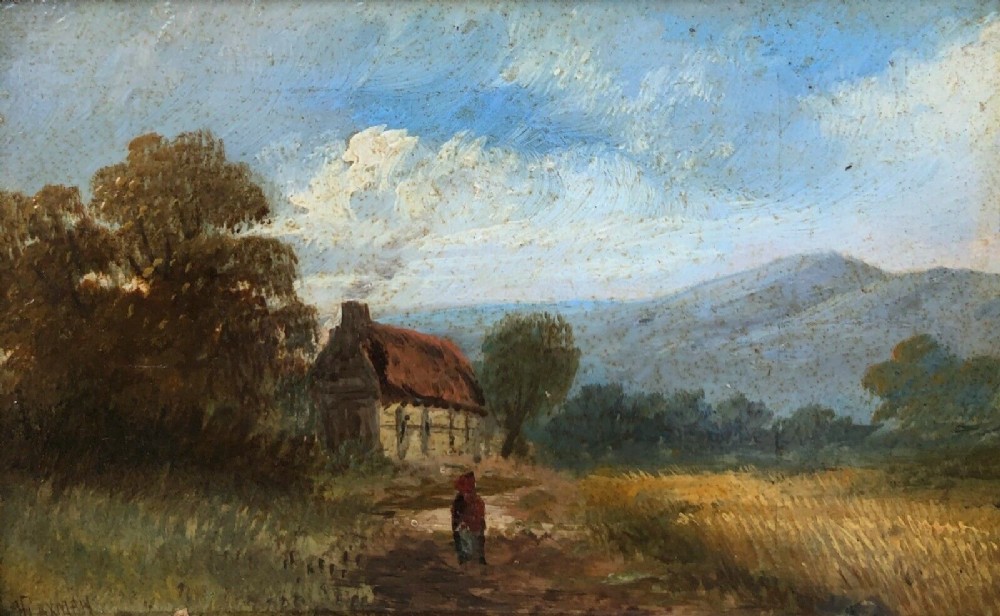British School Indistinctly Signed 19th Century Antique Oil Painting on Panel Cottage & Figure Corn Field English Landscape