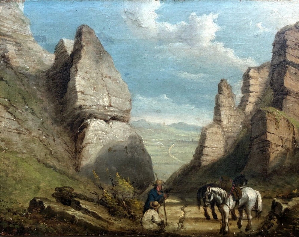 Signed WB (Possibly William Bromley ?) Original Early 19th Century Antique Oil Painting on Canvas 'The Winnats' Derbyshire English Landscape