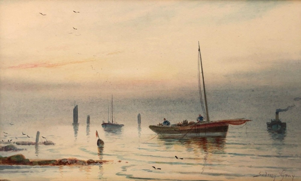 Sidney Gray Signed Original late 19th Century English Antique Watercolour Painting Seascape Figures in a Boat