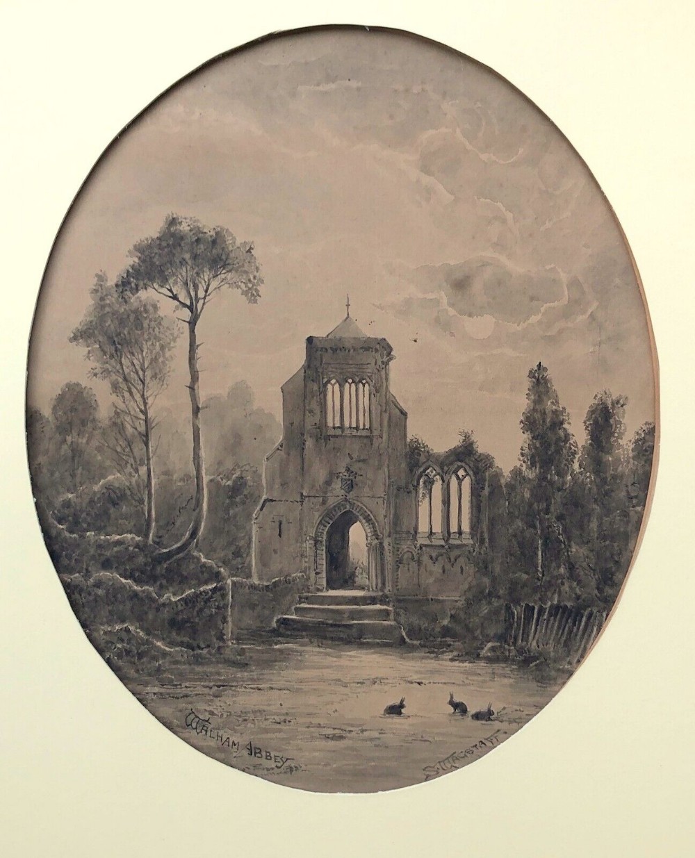 S WAGSTAFF Signed Original 19th Century Antique Grisaille Watercolour Painting View of Waltham Abbey Essex English Landscape
