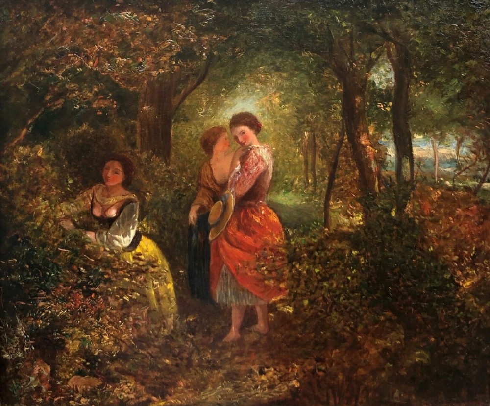AUGUSTUS JULES BOUVIER (1827-1881) 1953 Signed Original 19th Century Antique Oil Painting on Canvas 'Girls in a Wood'