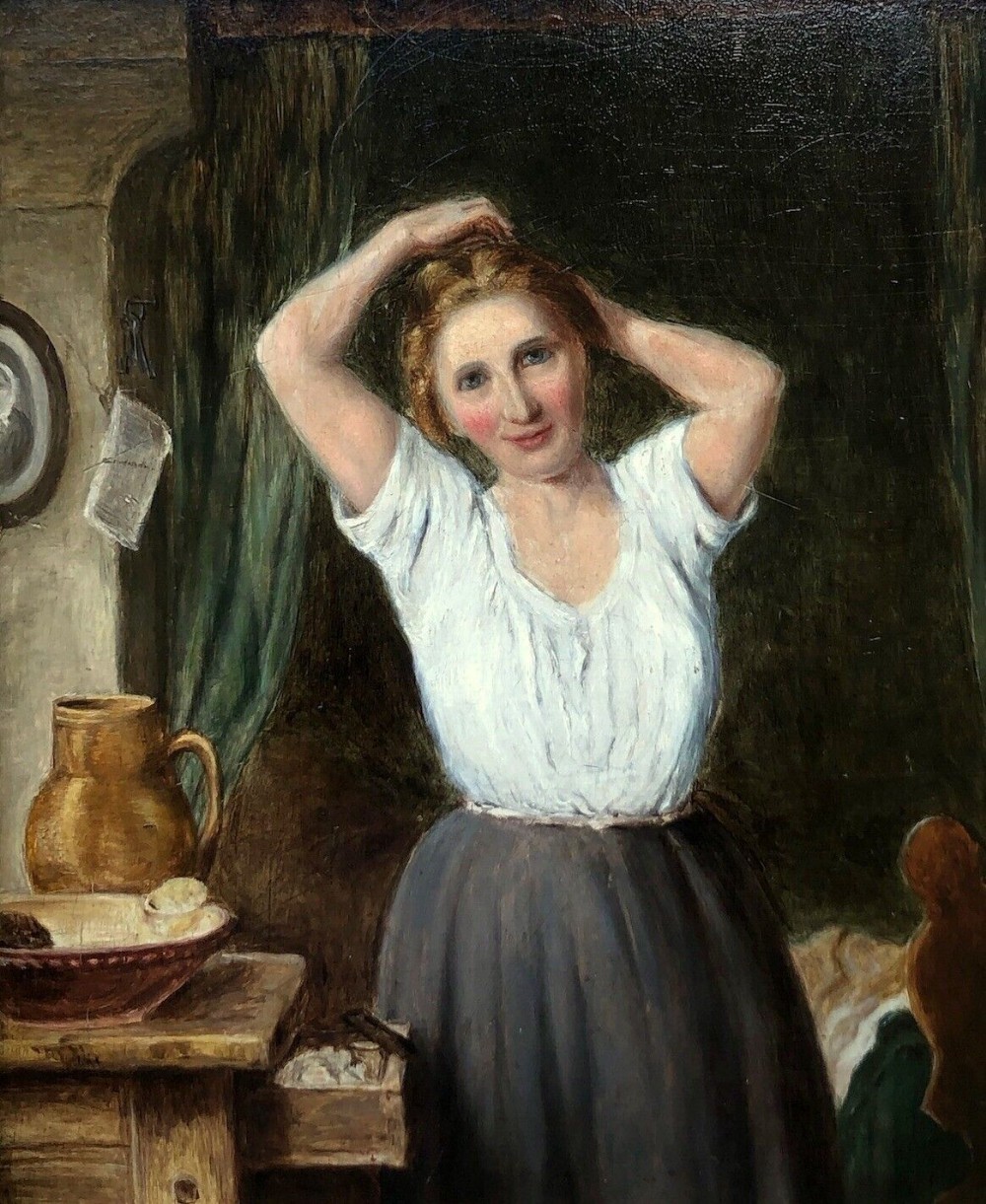 Original Antique Oil Painting on Wood Panel Portrait of a Lady Standing in a  Cottage Bedroom Interior
