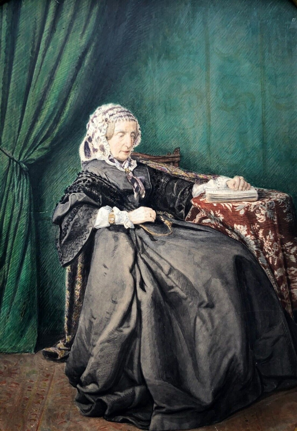 Original Dated 1860 19th Century Antique Watercolour Painting Portrait of Queen Marie Amelie of France French Royalty