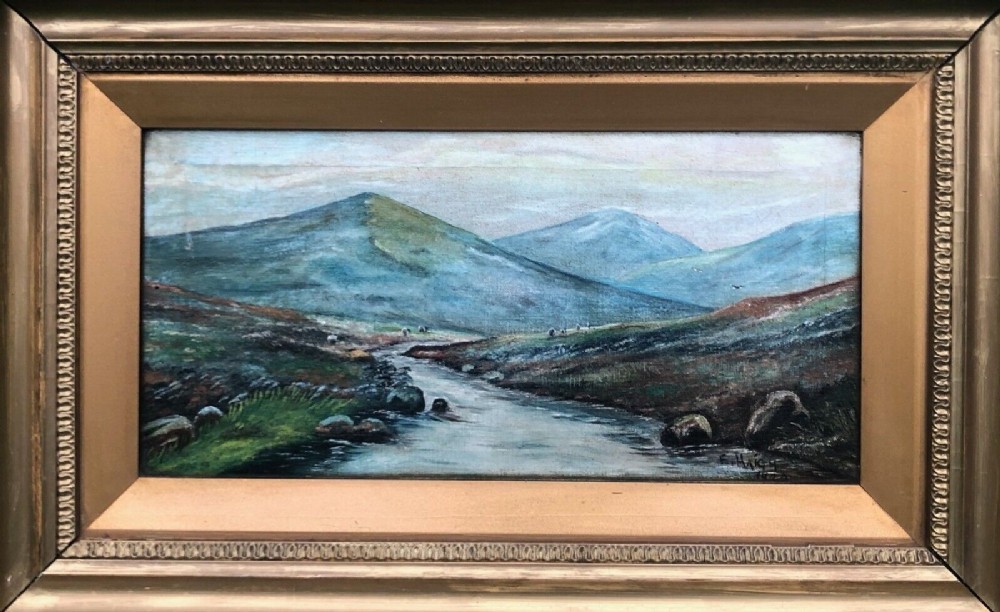 E Haigh 1920 Signed Original Early 19th Century Antique Oil Painting on Canvas Scottish Highland & Sheep Landscape