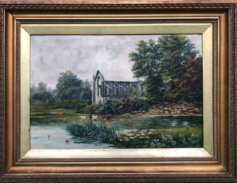 Signed A Hanson 1903 Original Antique Oil Painting on Canvas Bolton Abbey & Cattle in River Yorkshire Landscape 