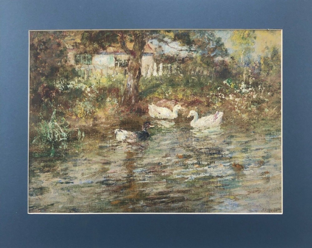 John Falconer Slater Signed Original early 20th Century Antique watercolour Gouache Painting Cottage , River & Ducks English Landscape