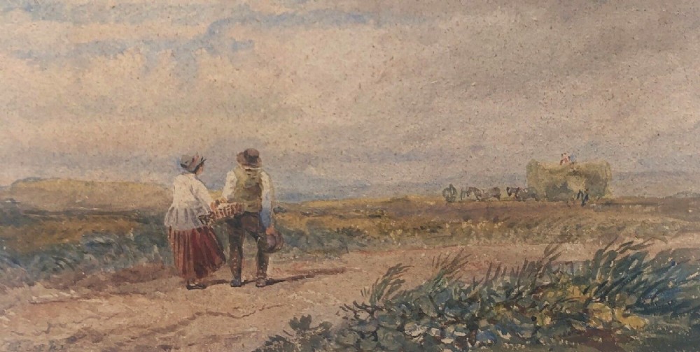 David Cox Jnr Original mid 19th Century Antique Watercolour Painting Figures Haystack English Landscape Christies New York