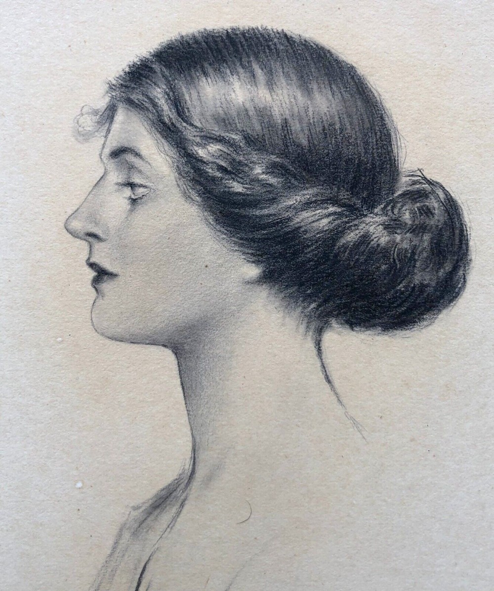 Monogramed R.G. Original late 19th Century Antique Pencil Drawing Young Lady Profile Portrait Study No 2