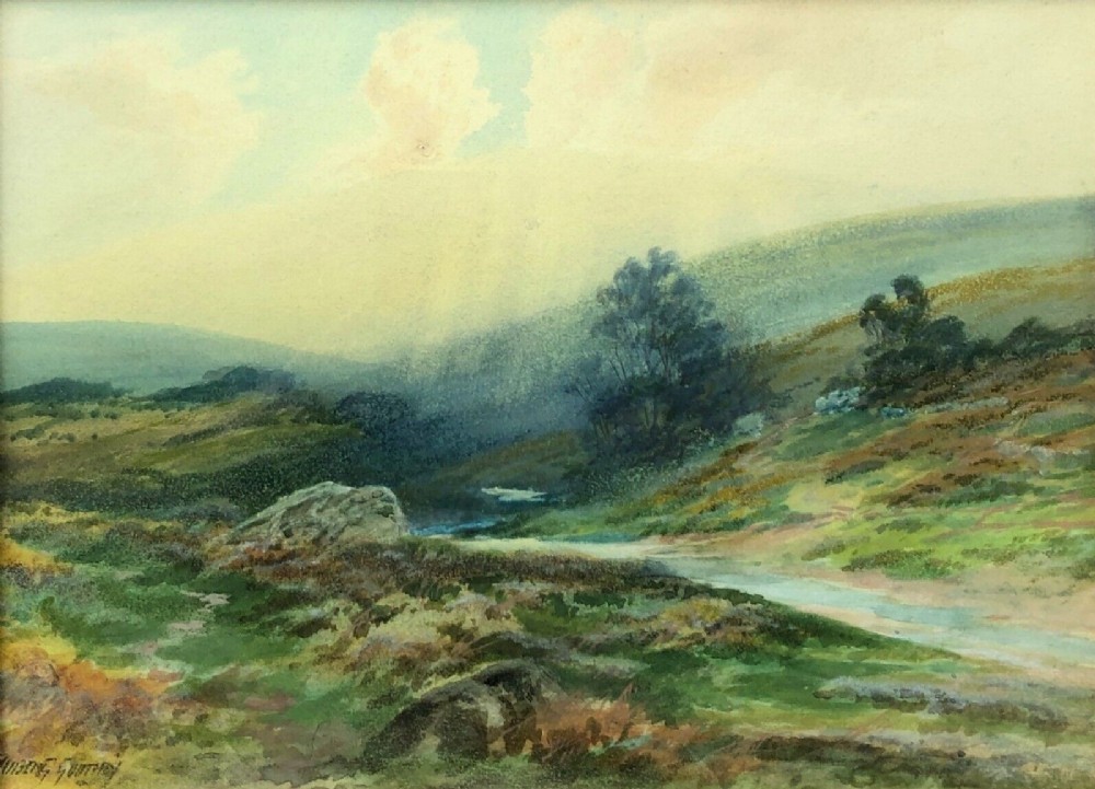 Indistinctly Signed Original 19th Century Antique Watercolour Painting of a Devon Valley English Landscape