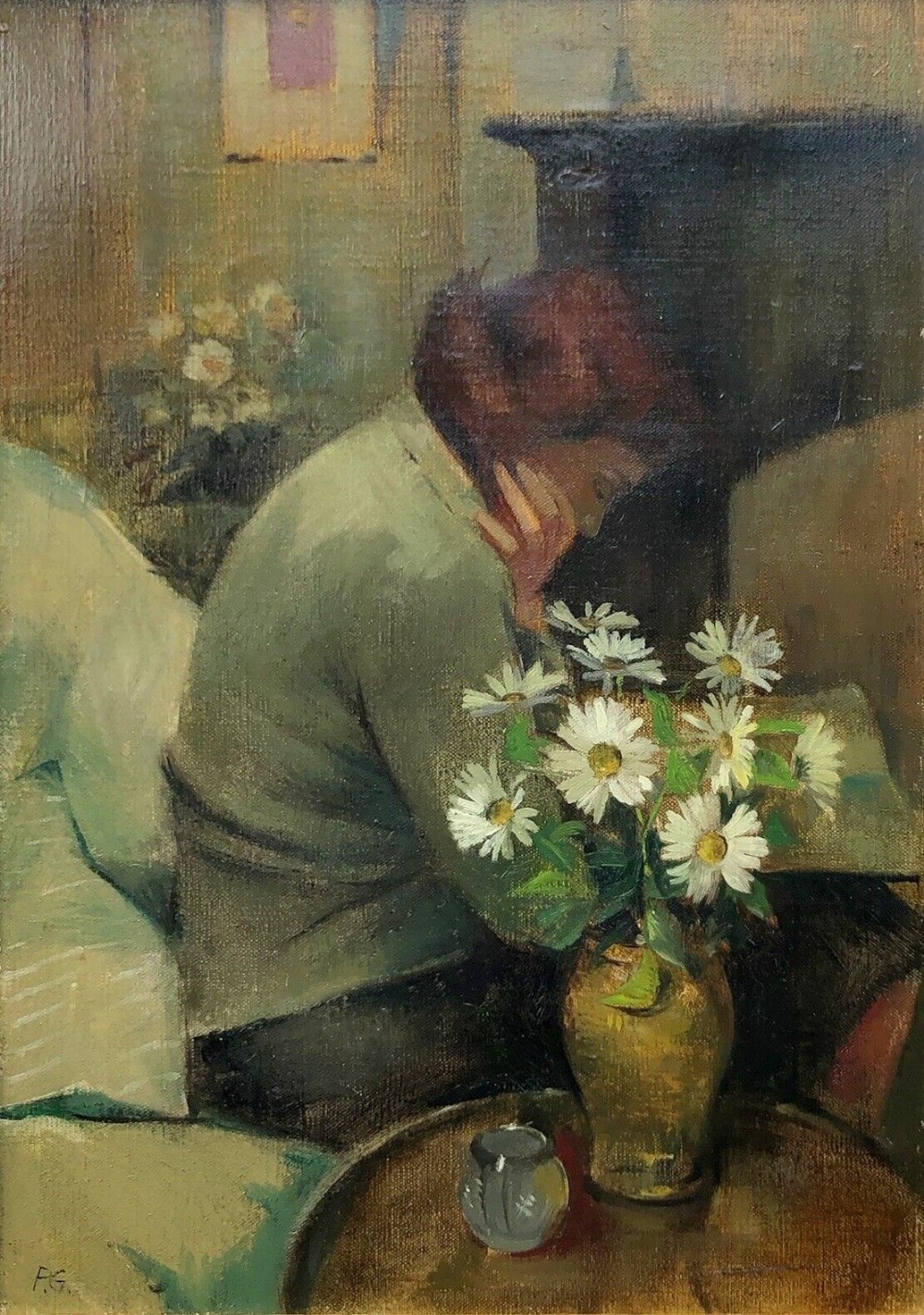 Original peter Colville Horridge Gardner Signed Mid 20th Century Antique Oil Painting on Canvas Still Life Study of a Vase of Flowers & Woman Reading
