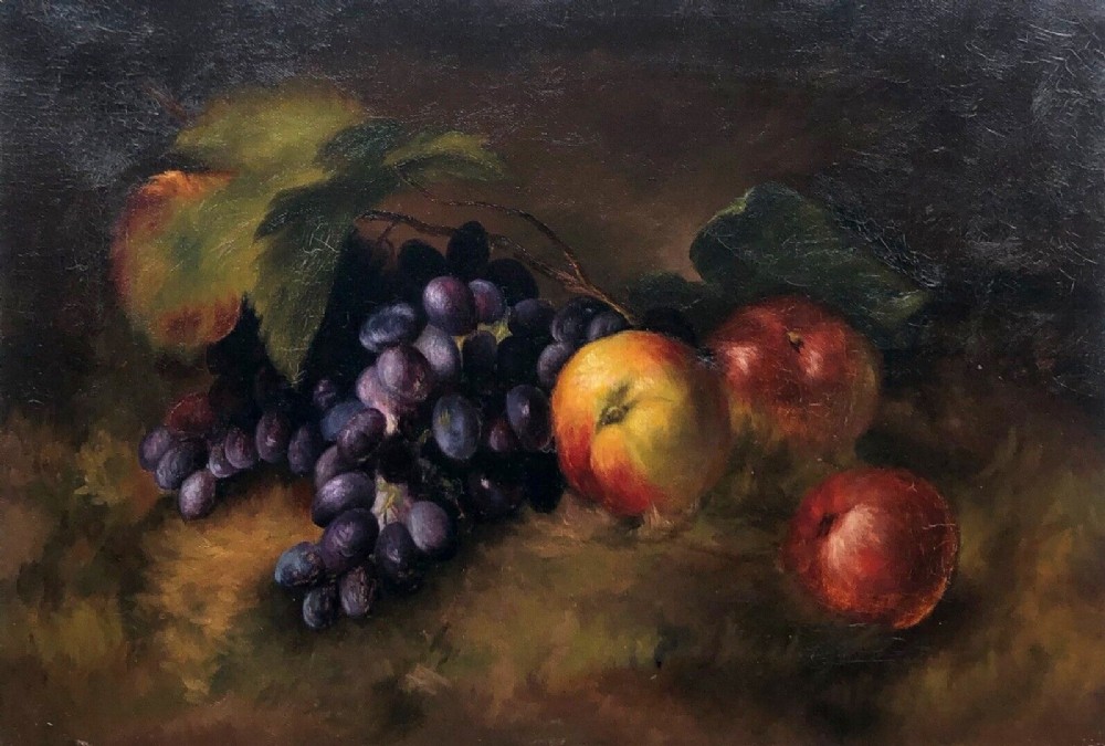 Original Antique Oil Painting on Canvas Still Life Study of Fruit, Apples & Grapes