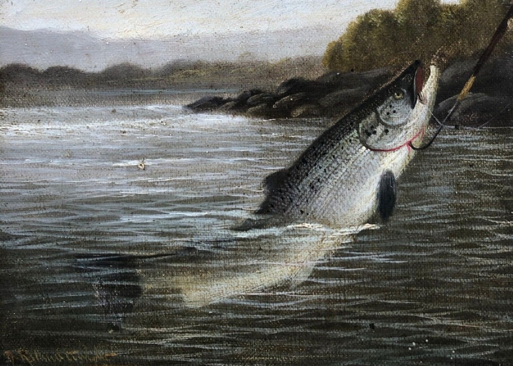 A ROWLAND KNIGHT Signed Original 19th Century Antique Oil Painting on Canvas Fishing Angling Study of a Salmon being Landed with a Gaff