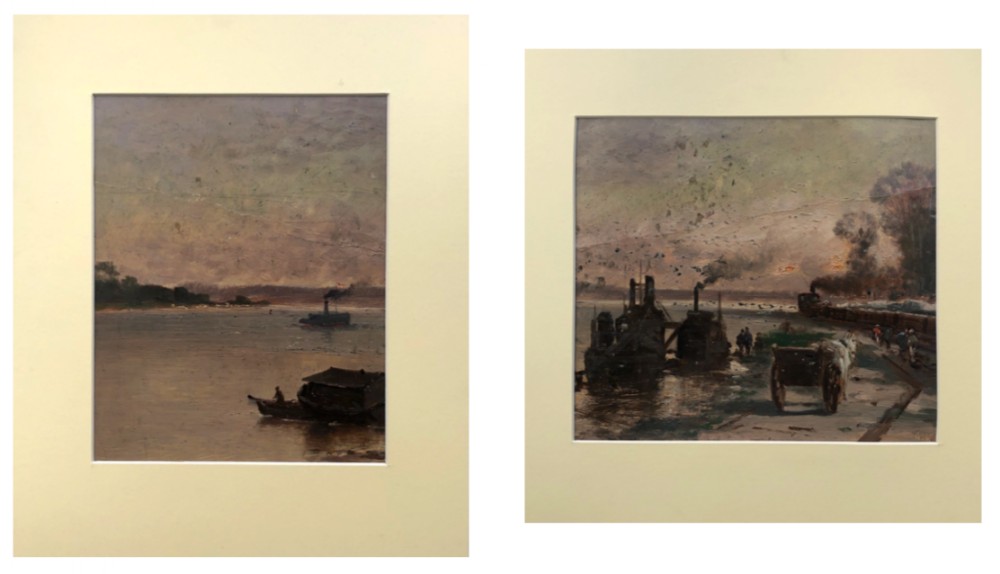 ADOLF KAUFMANN (AUSTRIAN 1848-1916)  2 x Original 19th Century Antique Oil Paintings on Card Steamboats on a River 