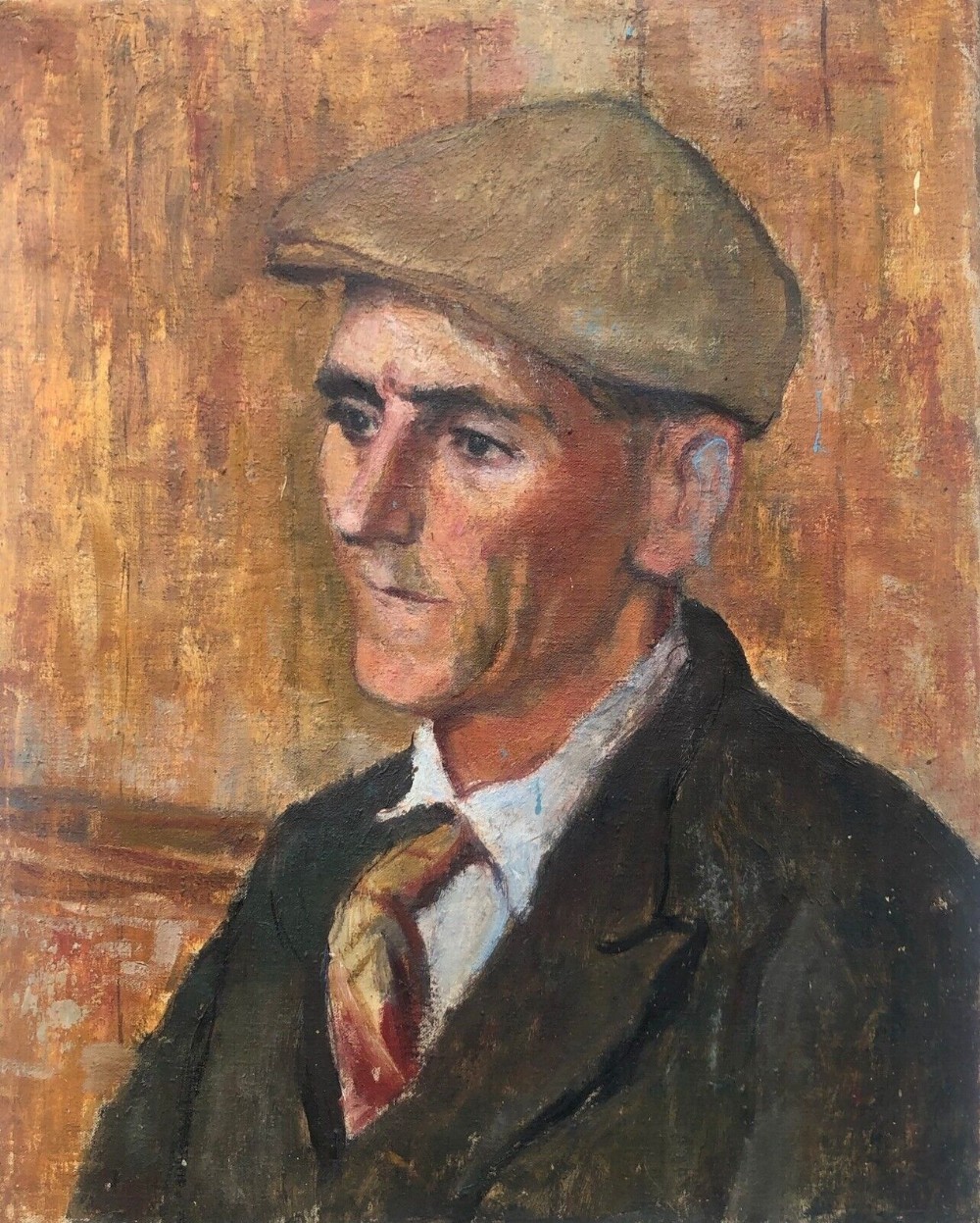 Original mid  20th Century Northern Art Lowry Style Oil Painting on Canvas Portrait of a Man wearing a Cap, Tie & Overcoat 
