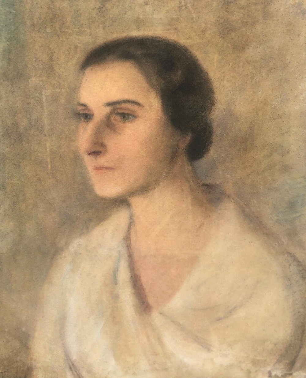 Original early 20th Century British School Signed Antique Pastel Drawing Portrait of lady in a White Dress, Bust Length