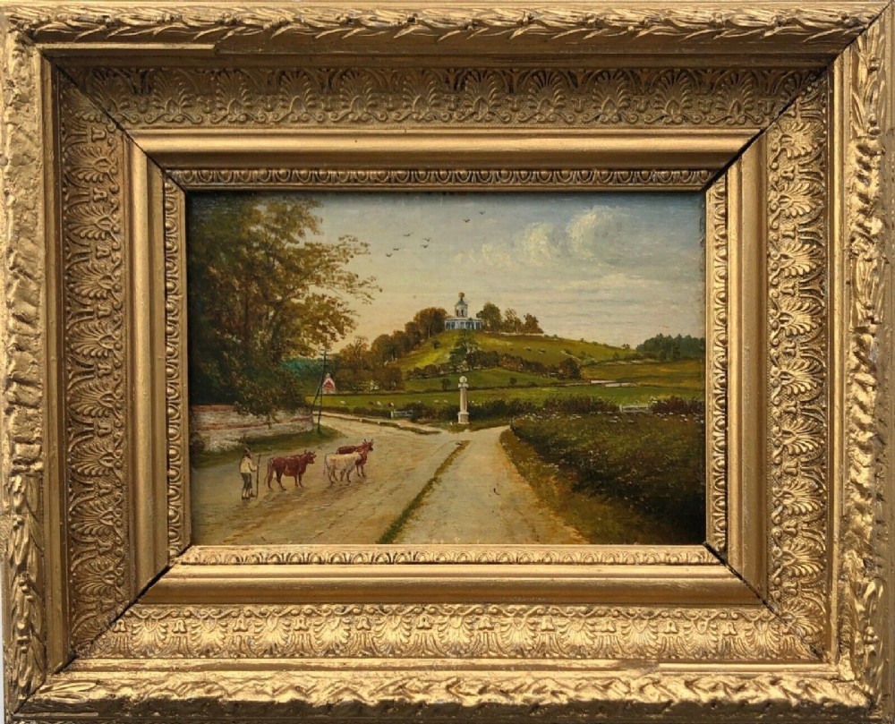 Original 19th Century English School Antique Oil Painting on Panel West Wycombe Hill Pedestal & Cattle English Landscape