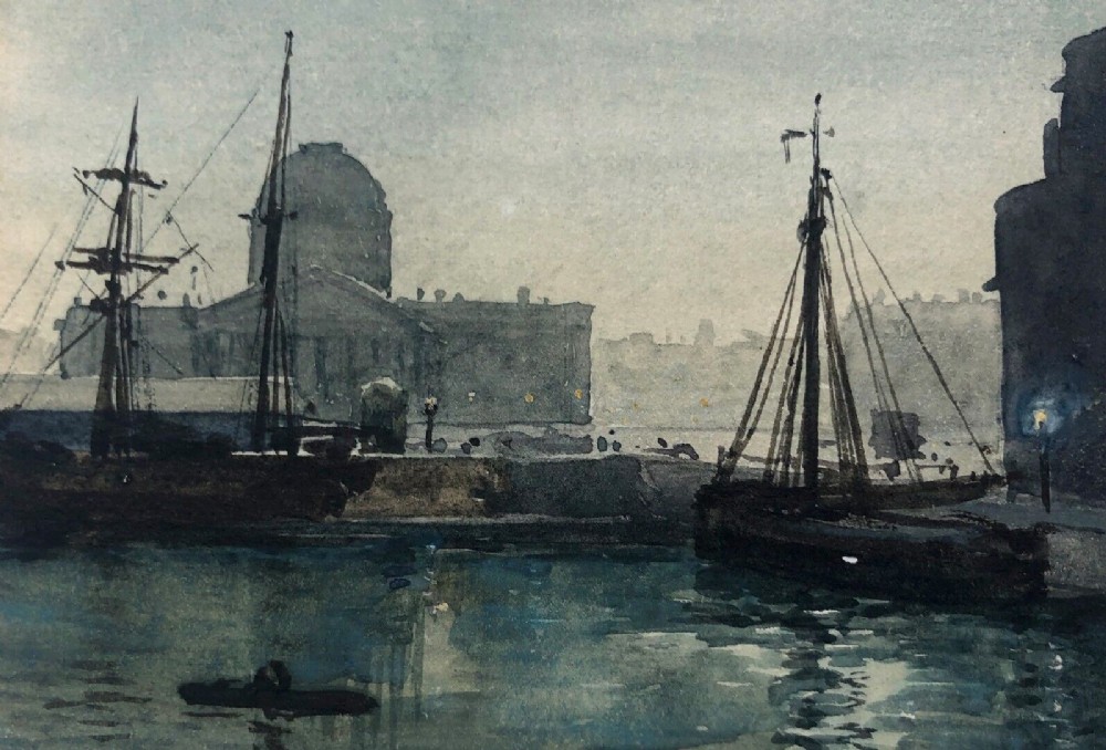 Original 19th Century Antique Watercolour Painting Liverpool Custom House from Salthouse Dock English Cityscape landscape