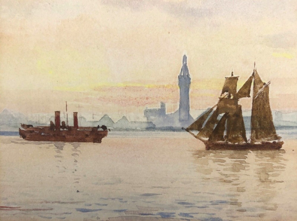 Original 19th Century Antique Watercolour Painting Possibly Liverpool Dock Skyline English Cityscape Landscape