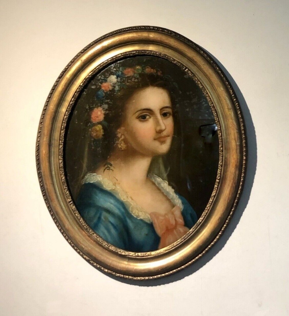 Original Late 19th Century Antique Reverse Glass Oil Painting, Portrait of a Lady with a Floral Garland